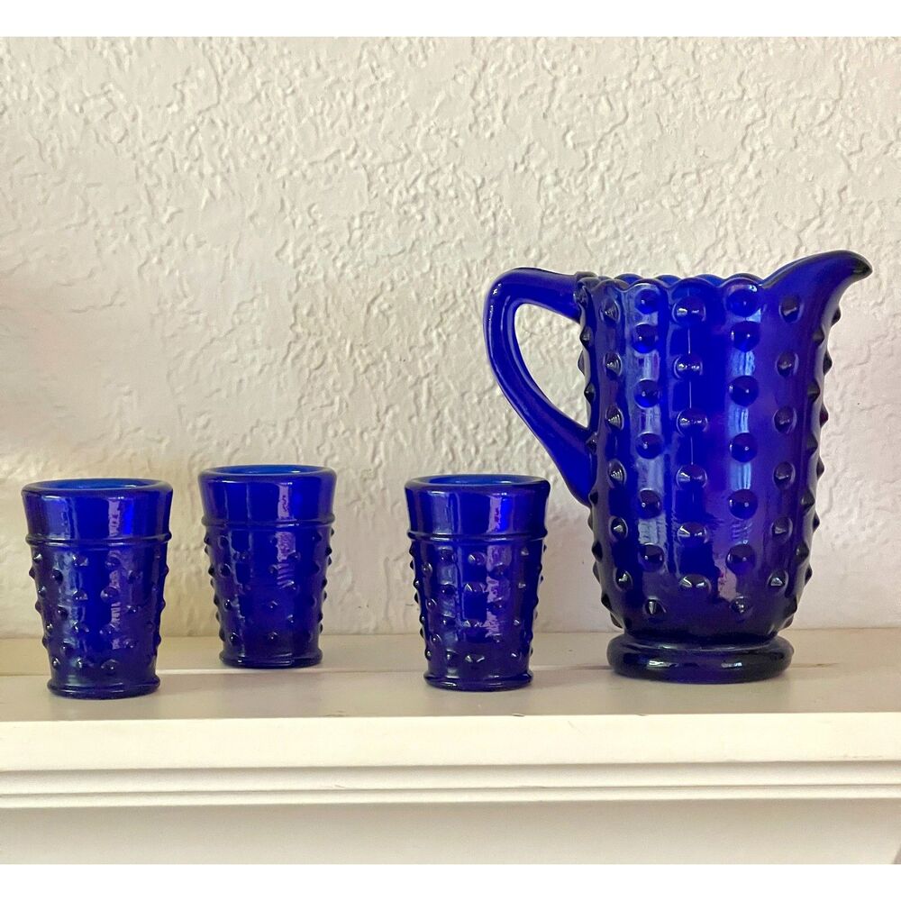Vintage Cobalt Blue Fenton Hobnail Mini Glass Pitcher Creamer and Mini Tumbler